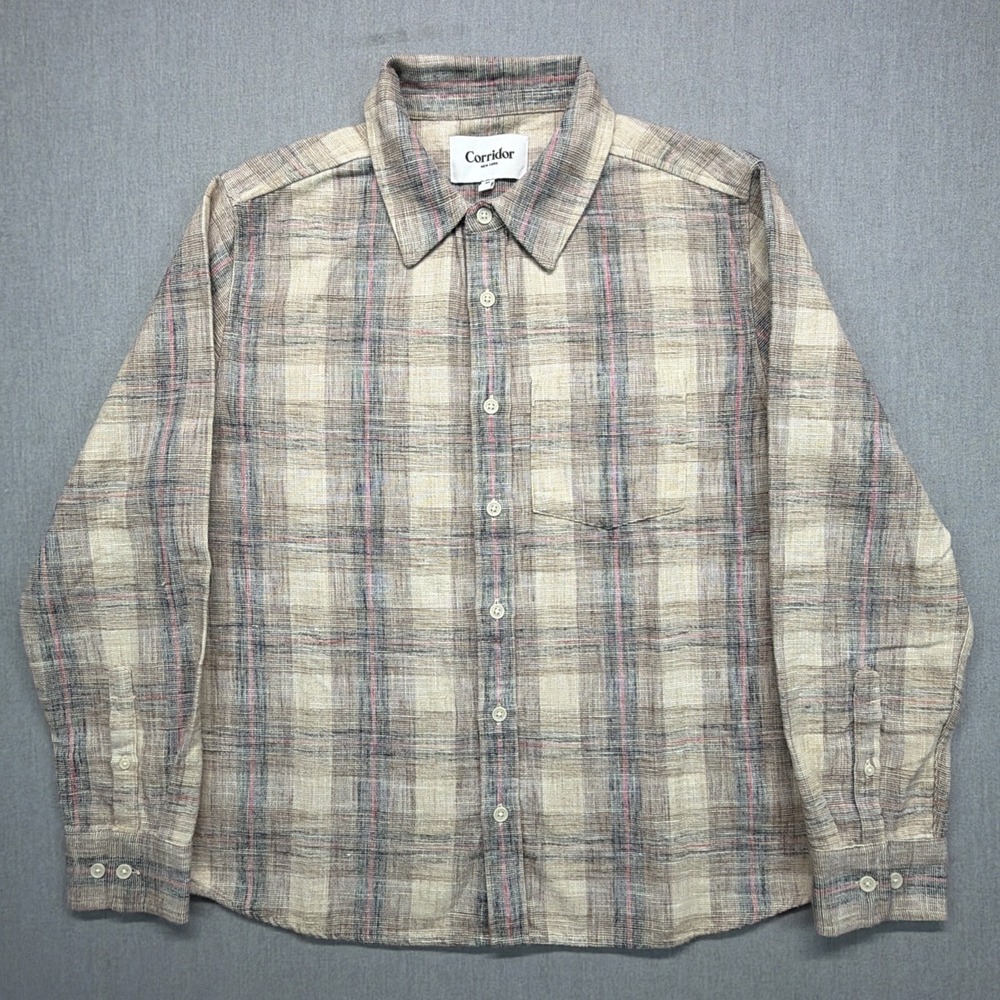 Corridor Men's Beige Textured Woven Button Down Shirt Medium M